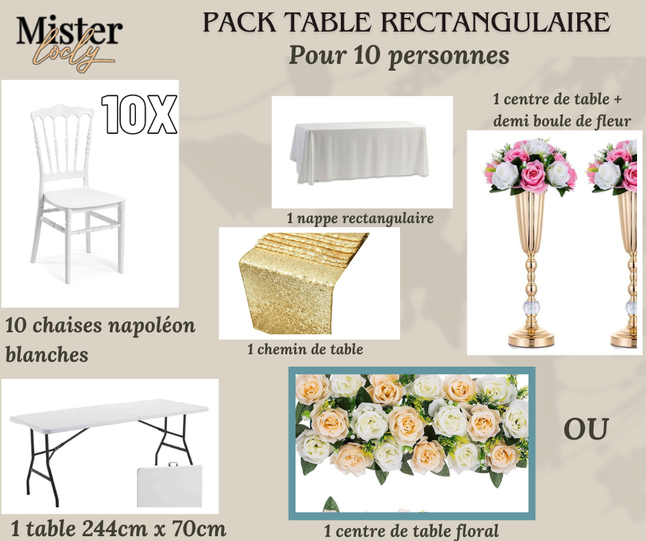 Location - [PACK] Table rectangulaire de 8 à 10 personnes - Pack Gala