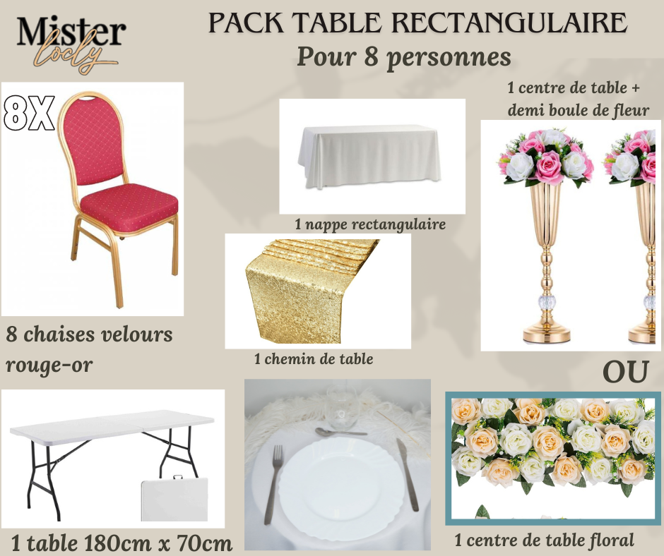 Location - [PACK] Table rectangulaire de 8 à 10 personnes - Pack Célébration Complète