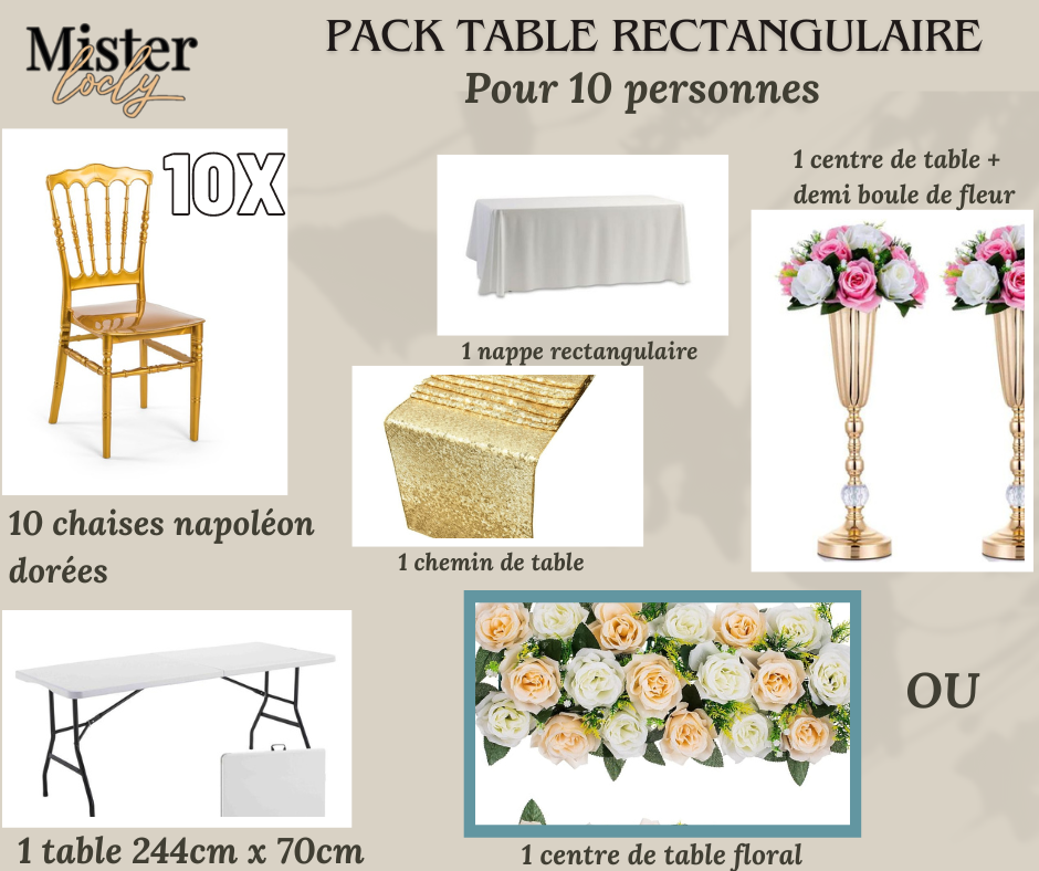 Location - [PACK] Table rectangulaire de 8 à 10 personnes - Pack Gala