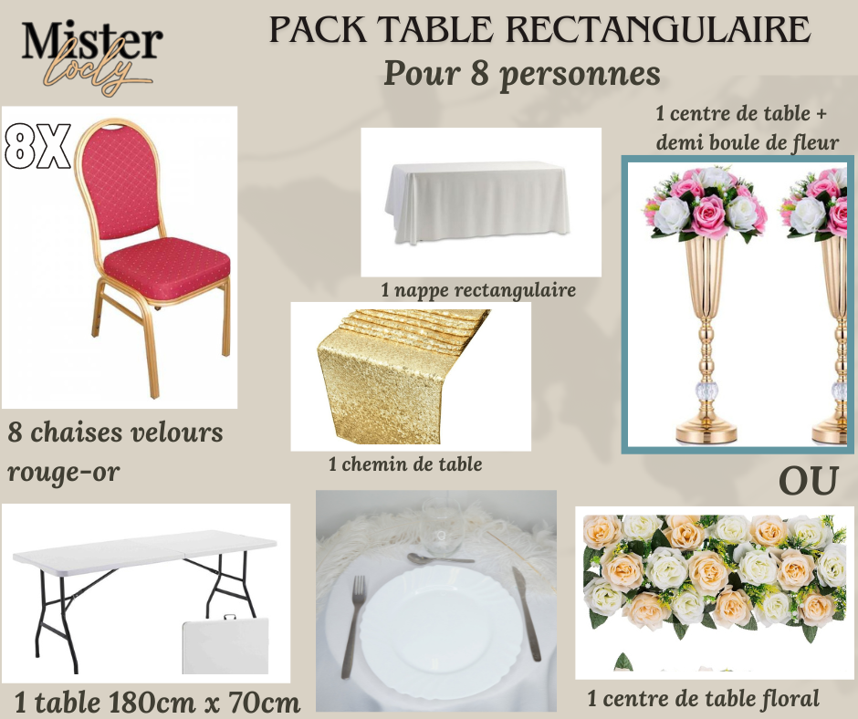 Location - [PACK] Table rectangulaire de 8 à 10 personnes - Pack Célébration Complète