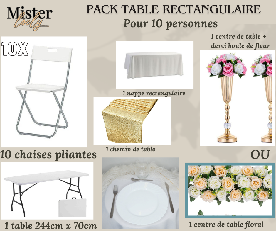 Location - [PACK] Table rectangulaire de 8 à 10 personnes - Pack Célébration Complète