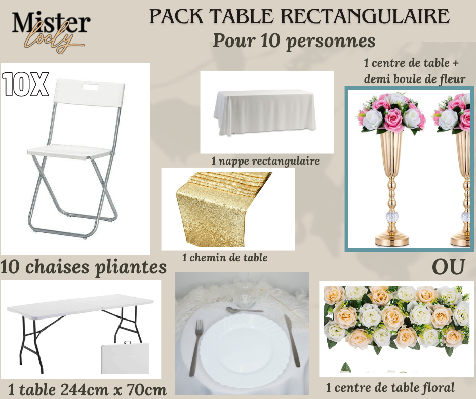 Location - [PACK] Table rectangulaire de 8 à 10 personnes - Pack Célébration Complète