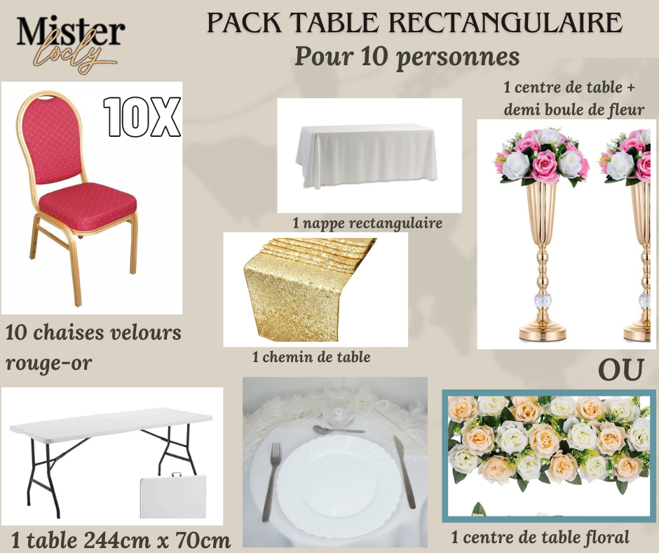 Location - [PACK] Table rectangulaire de 8 à 10 personnes - Pack Célébration Complète