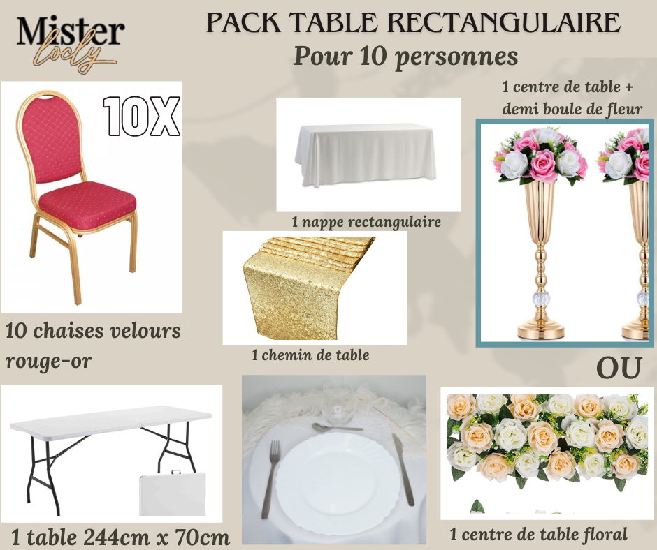 Location - [PACK] Table rectangulaire de 8 à 10 personnes - Pack Célébration Complète