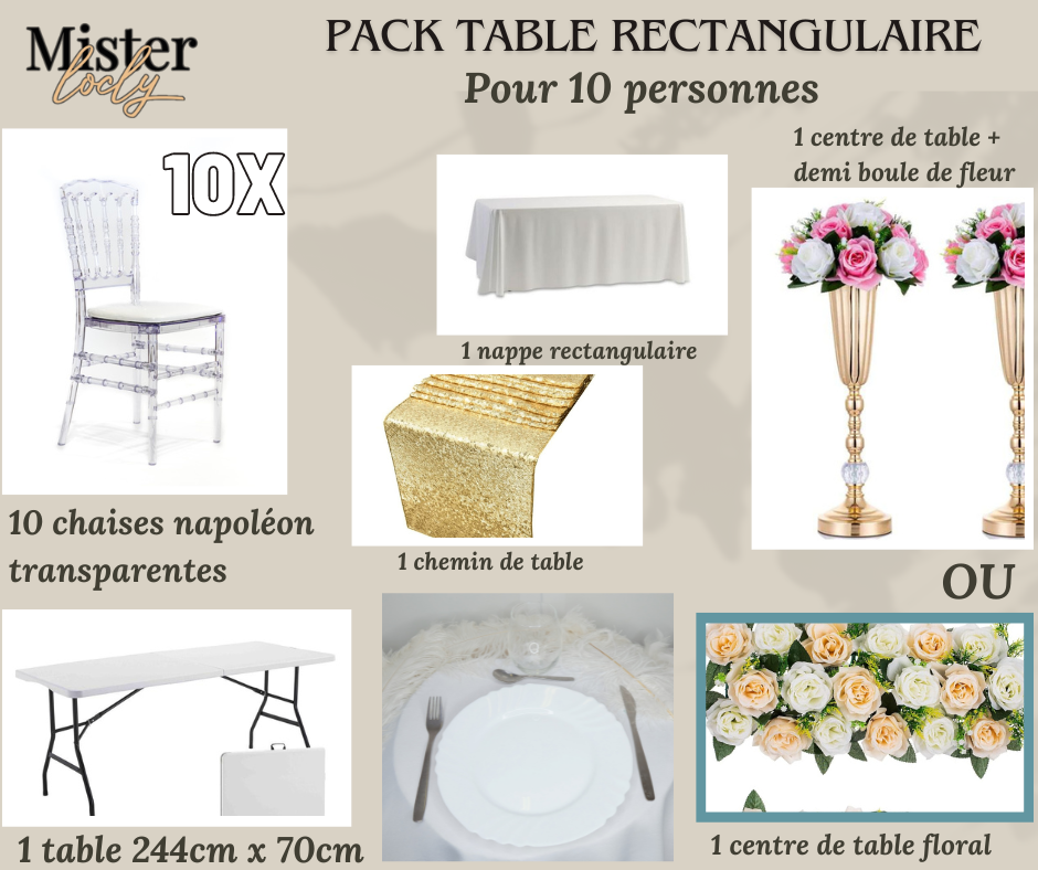 Location - [PACK] Table rectangulaire de 8 à 10 personnes - Pack Célébration Complète