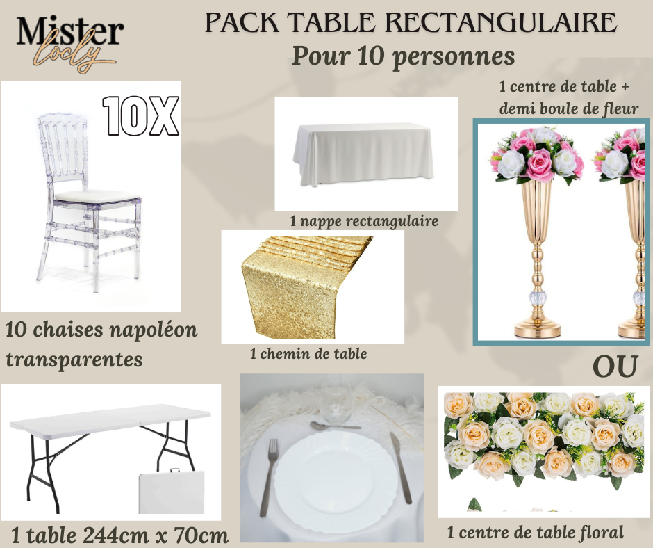 Location - [PACK] Table rectangulaire de 8 à 10 personnes - Pack Célébration Complète