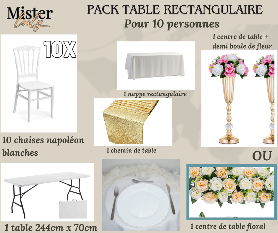 Location - [PACK] Table rectangulaire de 8 à 10 personnes - Pack Célébration Complète