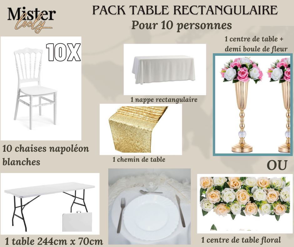 Location - [PACK] Table rectangulaire de 8 à 10 personnes - Pack Célébration Complète