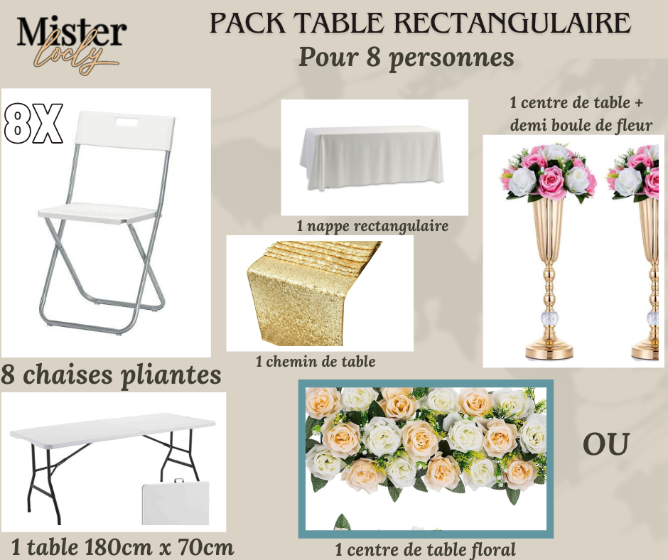 Location - [PACK] Table rectangulaire de 8 à 10 personnes - Pack Gala