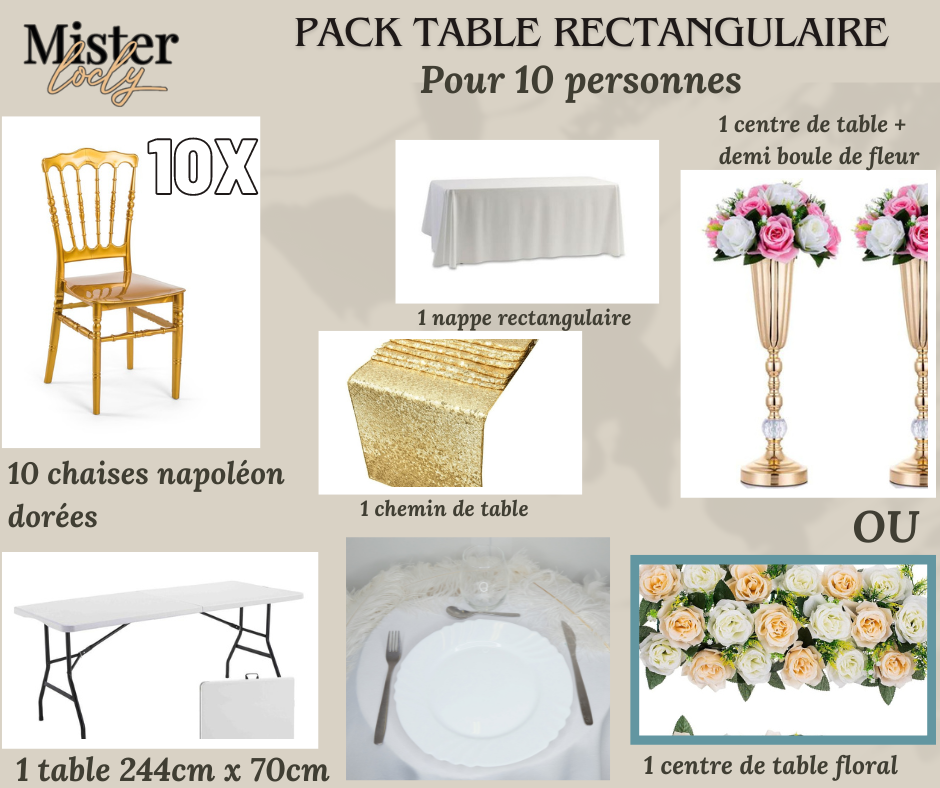 Location - [PACK] Table rectangulaire de 8 à 10 personnes - Pack Célébration Complète