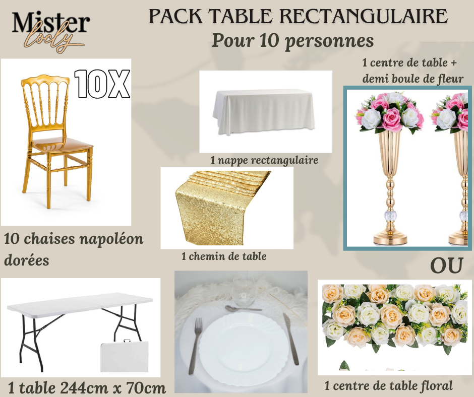 Location - [PACK] Table rectangulaire de 8 à 10 personnes - Pack Célébration Complète