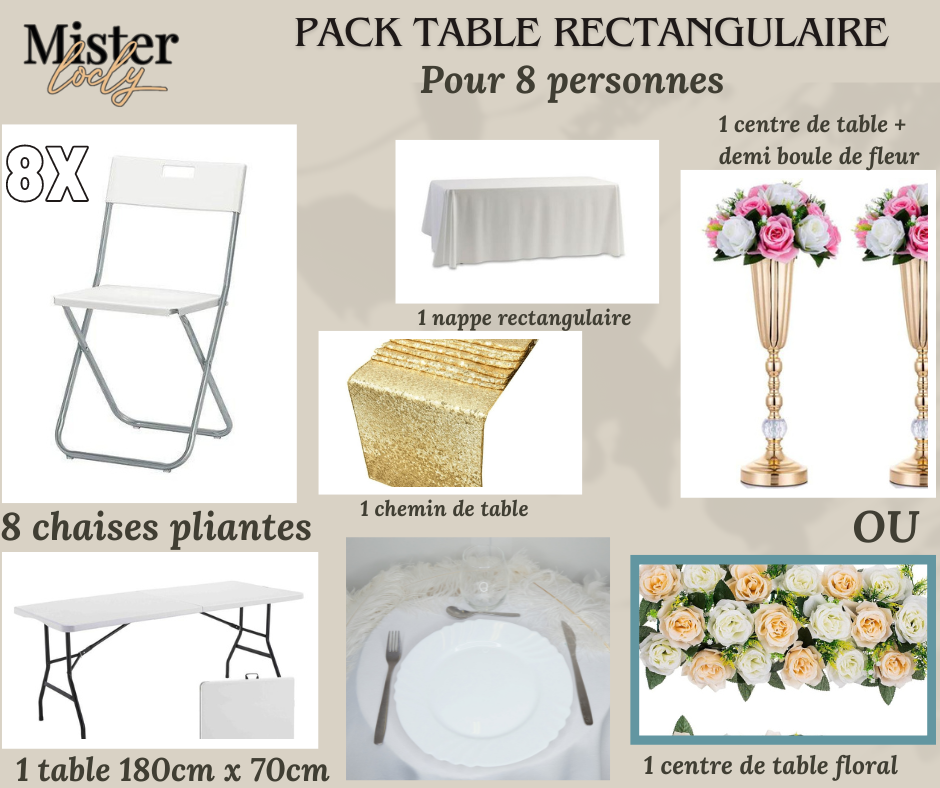 Location - [PACK] Table rectangulaire de 8 à 10 personnes - Pack Célébration Complète