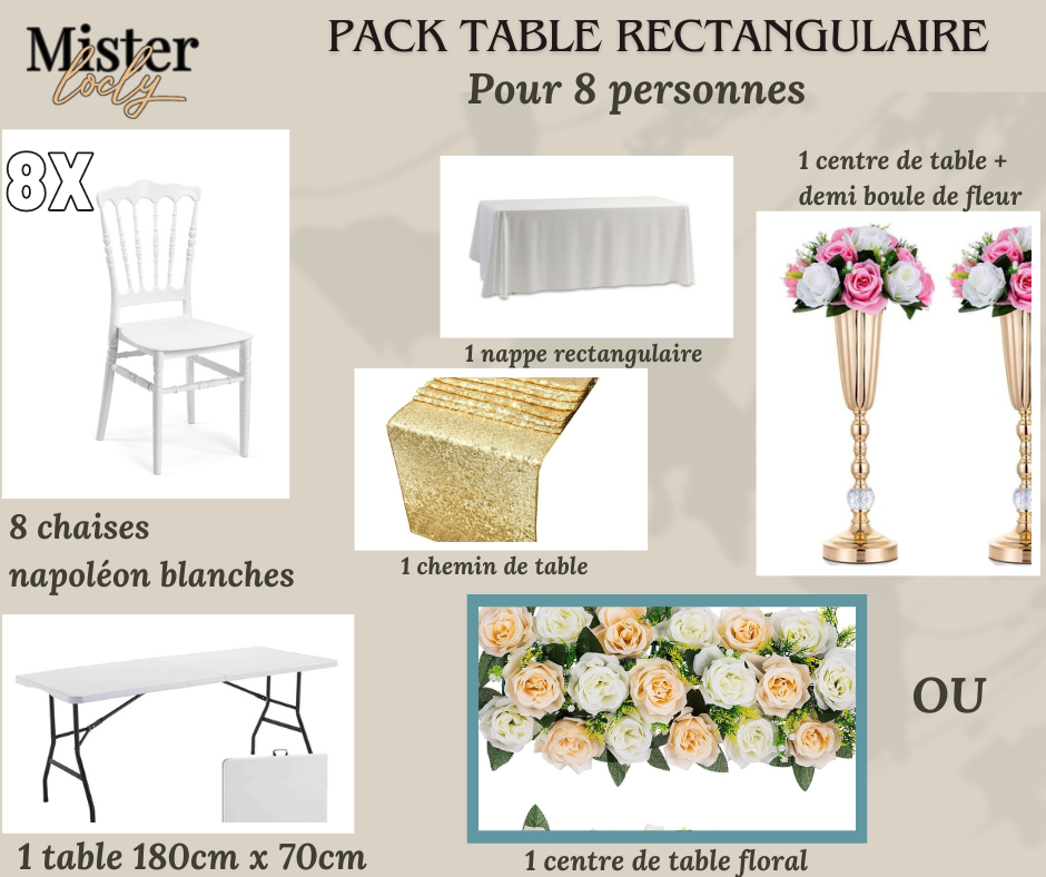 Location - [PACK] Table rectangulaire de 8 à 10 personnes - Pack Gala