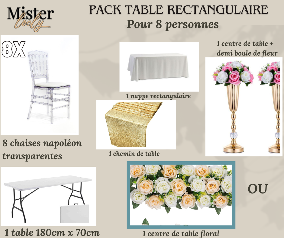 Location - [PACK] Table rectangulaire de 8 à 10 personnes - Pack Gala
