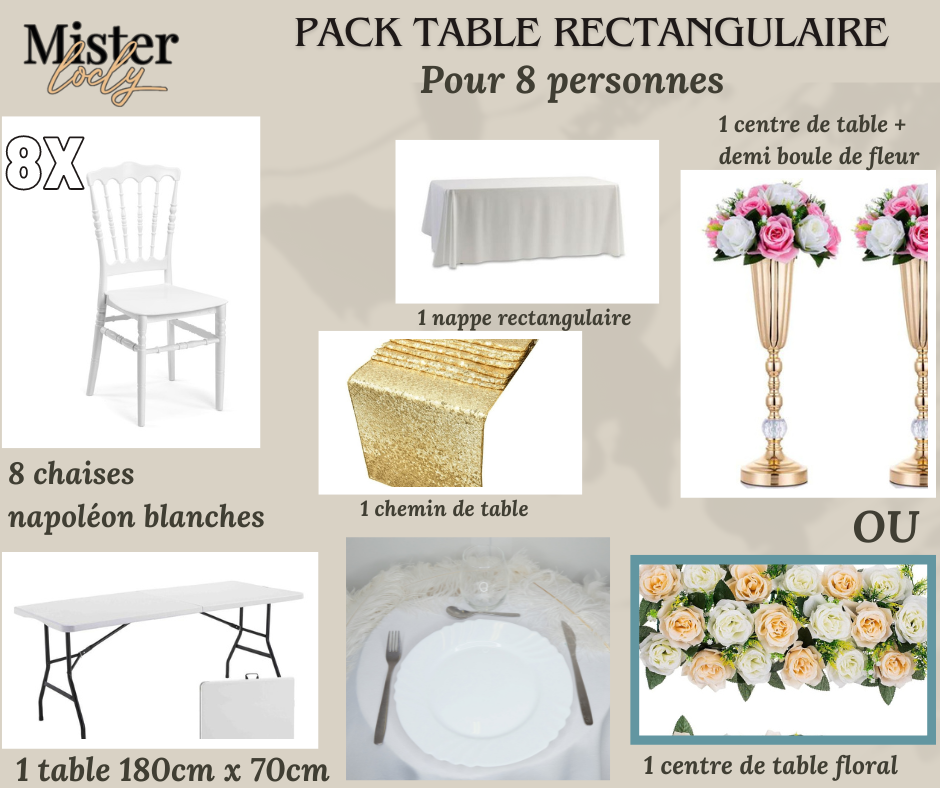 Location - [PACK] Table rectangulaire de 8 à 10 personnes - Pack Célébration Complète