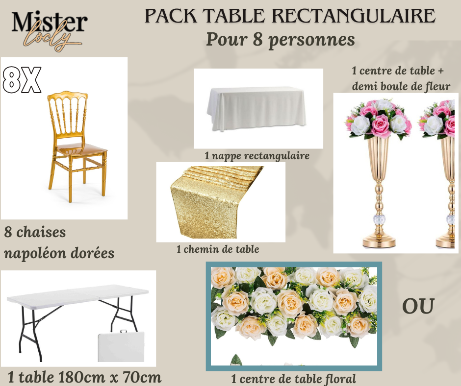 Location - [PACK] Table rectangulaire de 8 à 10 personnes - Pack Gala