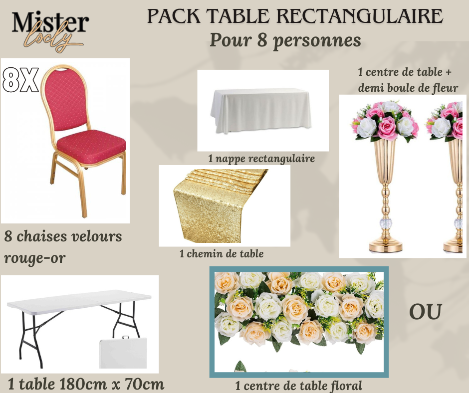 Location - [PACK] Table rectangulaire de 8 à 10 personnes - Pack Gala