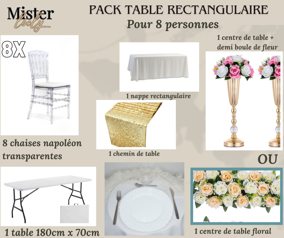 Location - [PACK] Table rectangulaire de 8 à 10 personnes - Pack Célébration Complète