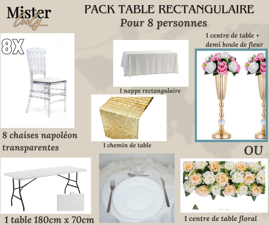 Location - [PACK] Table rectangulaire de 8 à 10 personnes - Pack Célébration Complète