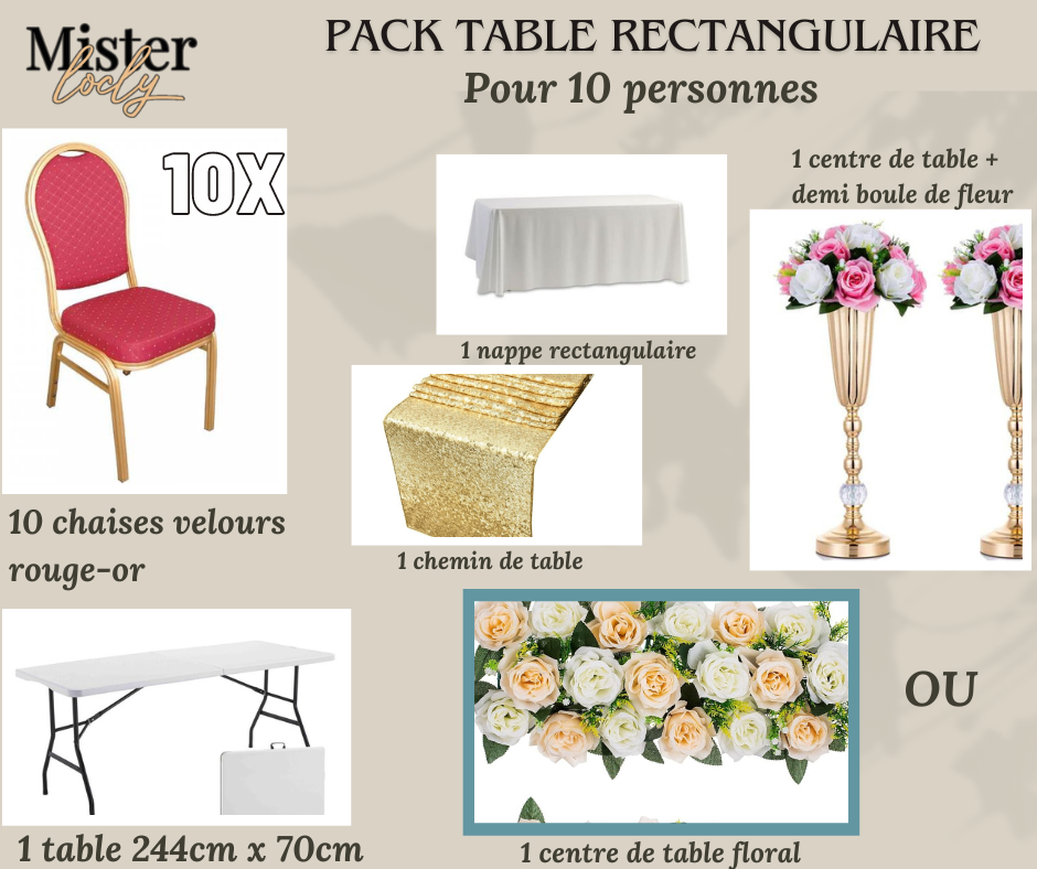 Location - [PACK] Table rectangulaire de 8 à 10 personnes - Pack Gala