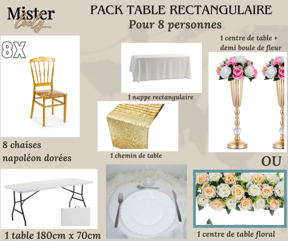 Location - [PACK] Table rectangulaire de 8 à 10 personnes - Pack Célébration Complète