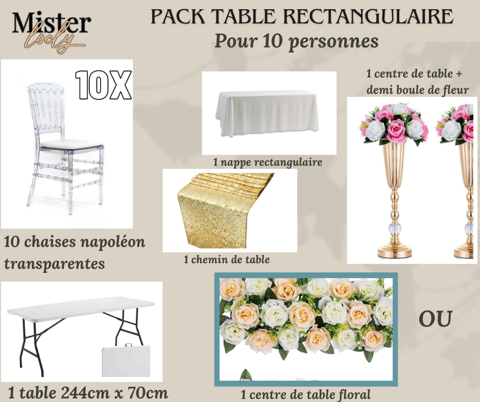 Location - [PACK] Table rectangulaire de 8 à 10 personnes - Pack Gala