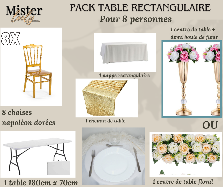 Location - [PACK] Table rectangulaire de 8 à 10 personnes - Pack Célébration Complète