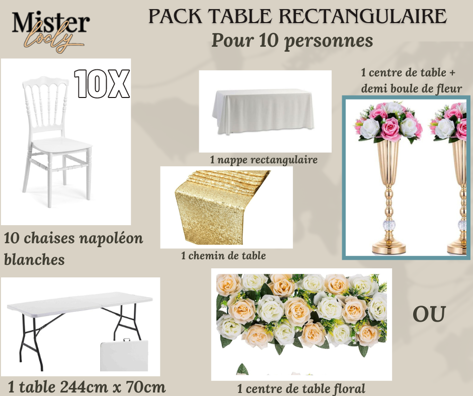 Location - [PACK] Table rectangulaire de 8 à 10 personnes - Pack Gala