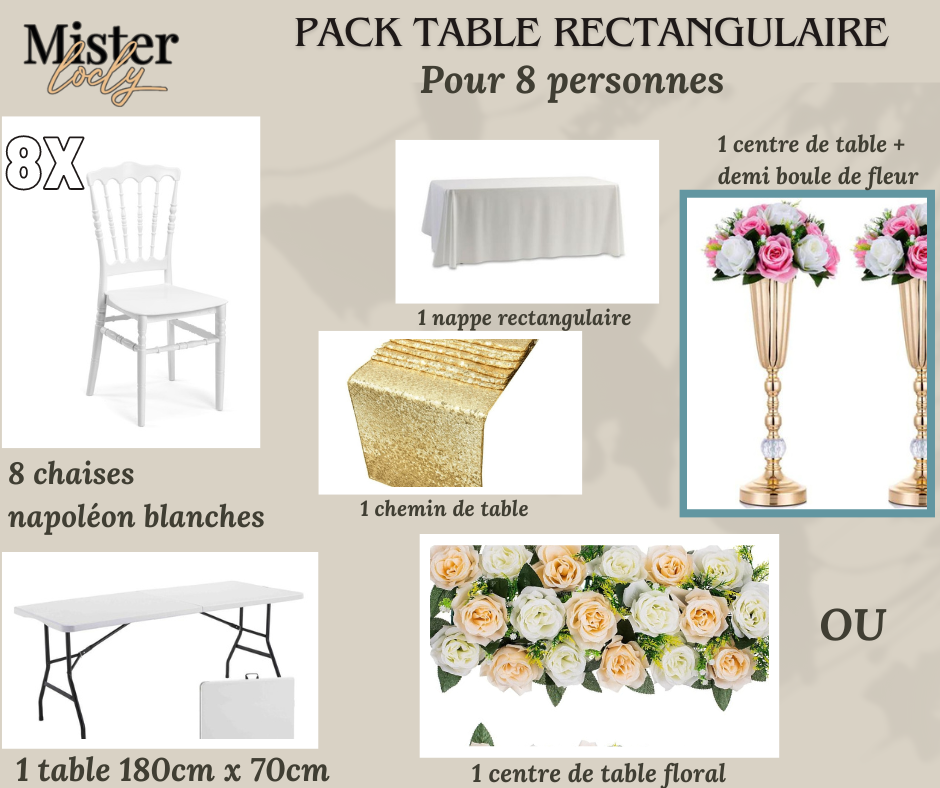 Location - [PACK] Table rectangulaire de 8 à 10 personnes - Pack Gala