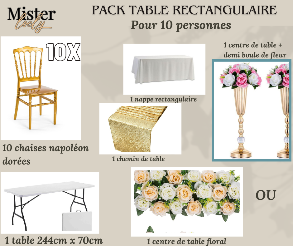 Location - [PACK] Table rectangulaire de 8 à 10 personnes - Pack Gala