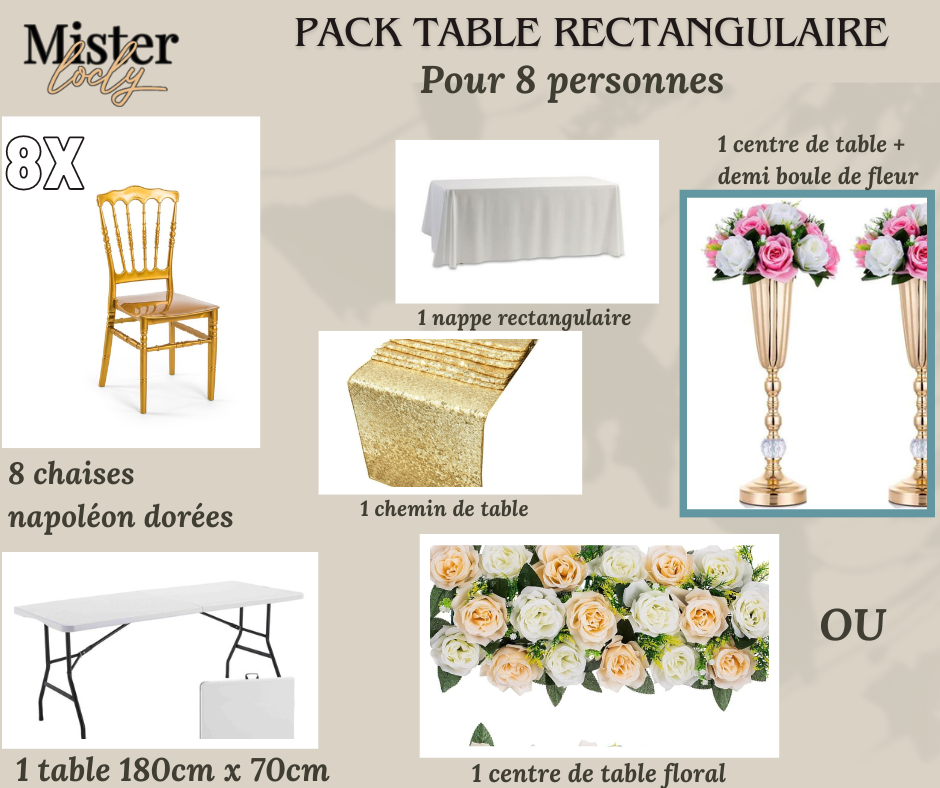 Location - [PACK] Table rectangulaire de 8 à 10 personnes - Pack Gala