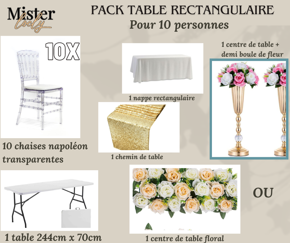 Location - [PACK] Table rectangulaire de 8 à 10 personnes - Pack Gala