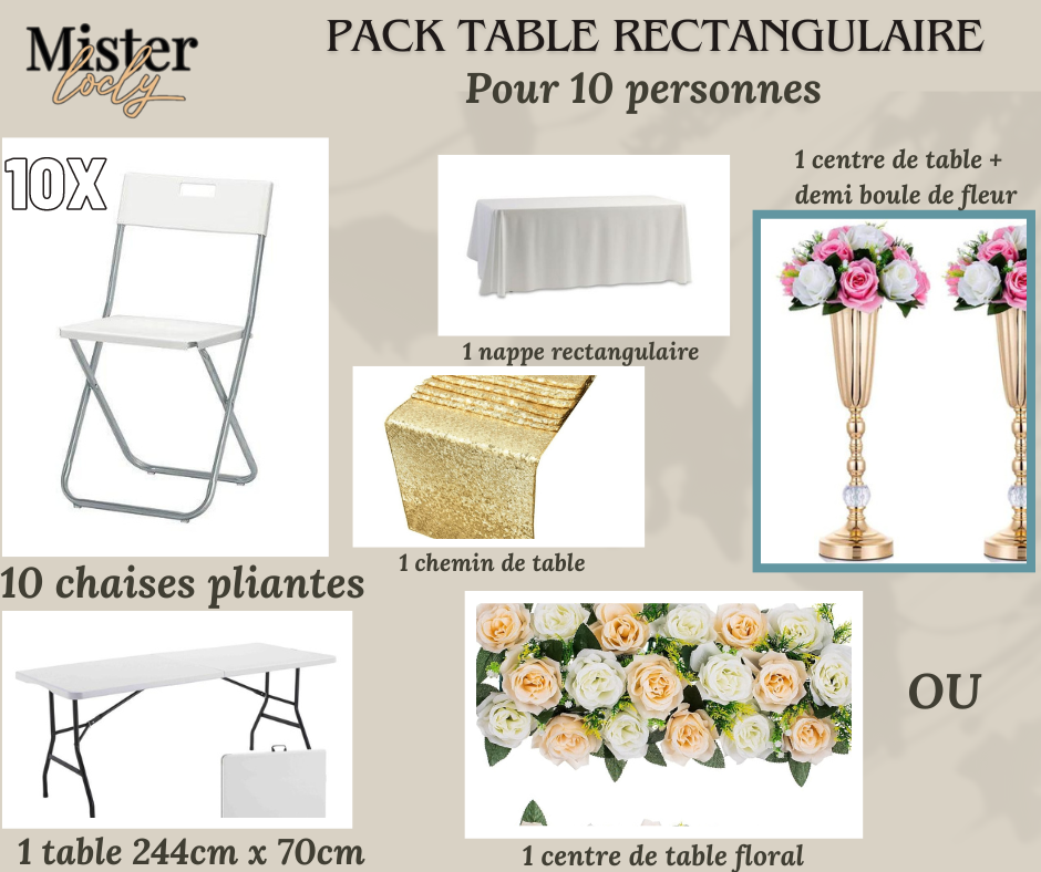 Location - [PACK] Table rectangulaire de 8 à 10 personnes - Pack Gala