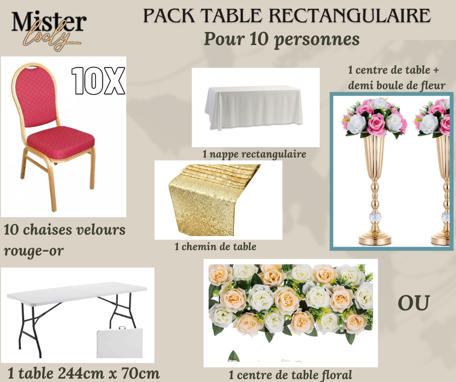 Location - [PACK] Table rectangulaire de 8 à 10 personnes - Pack Gala