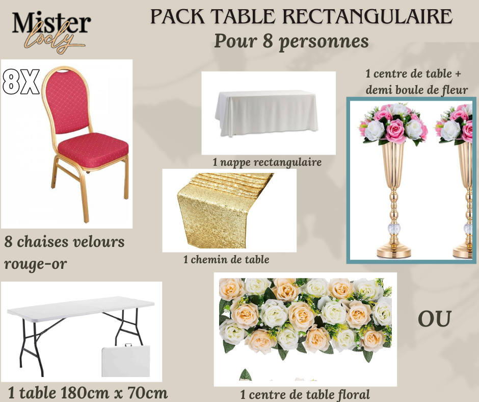 Location - [PACK] Table rectangulaire de 8 à 10 personnes - Pack Gala