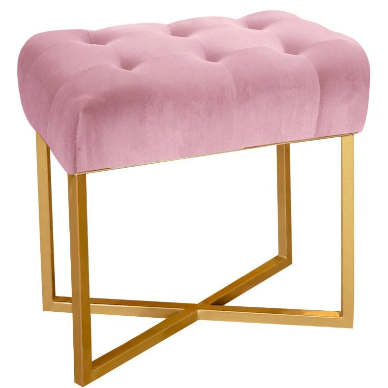 Location - Tabouret pouf rectangle Fauve Velours Rose pied Or