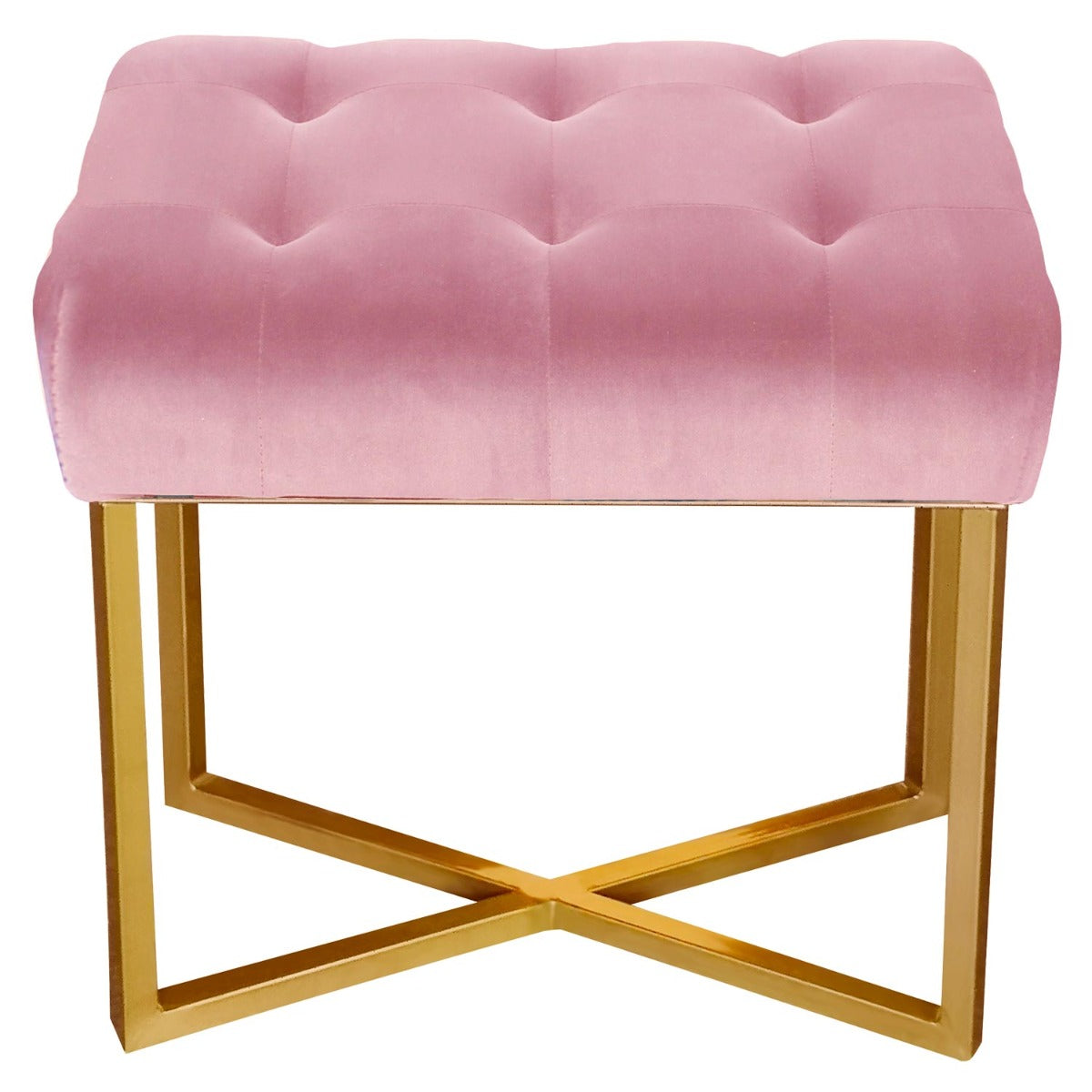 Location - Tabouret pouf rectangle Fauve Velours Rose pied Or